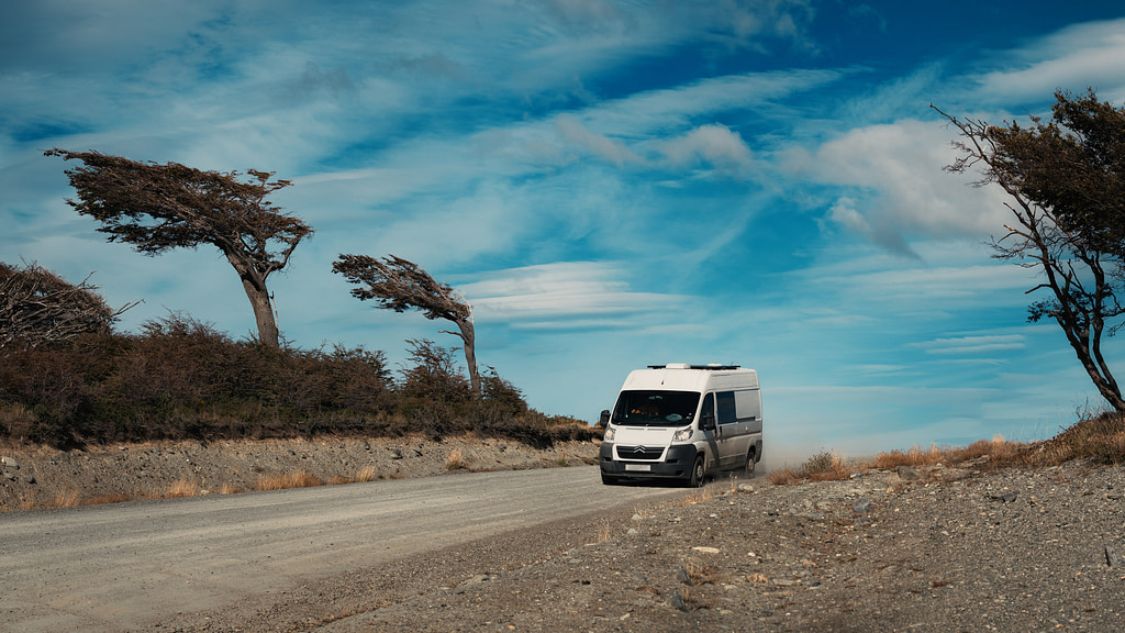 "The Bear" our van cruising amongst the wind tortured trees of Tierra del Fuego in Patagonia