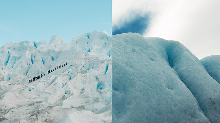 Two pics, one of a group hiking down a huge white glacier and one of a big hill of blue tinged ice against a blue sky. Perito Moreno Glacier. El Calafate, Argentina.