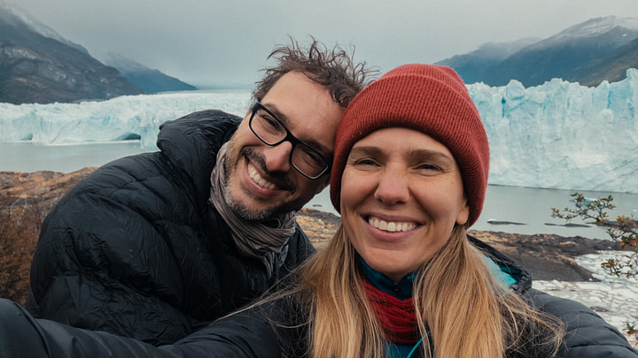 Maxine and Theo in front of Perito Moreno glacier in Patagonia