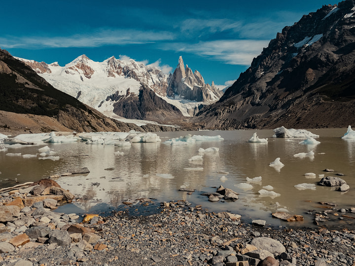 Laguna Torre with Cerro Torre in the background. Water is full of broken ice bergs locally called "Tempanos". El Chaltén, Argentina