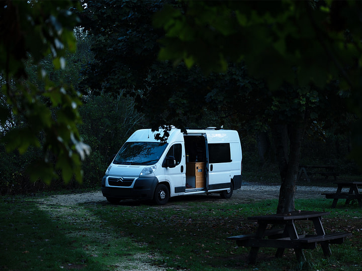 Our Campervan, nicknamed "The Bear" parked in a meadow in France