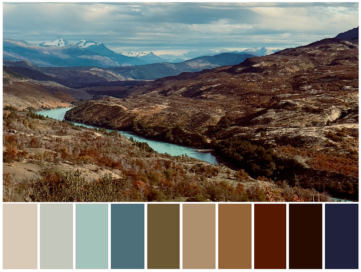 Image of the Chilean autumnal landscape with a colour palette strip at the bottom that represents the corresponding landscape colours.