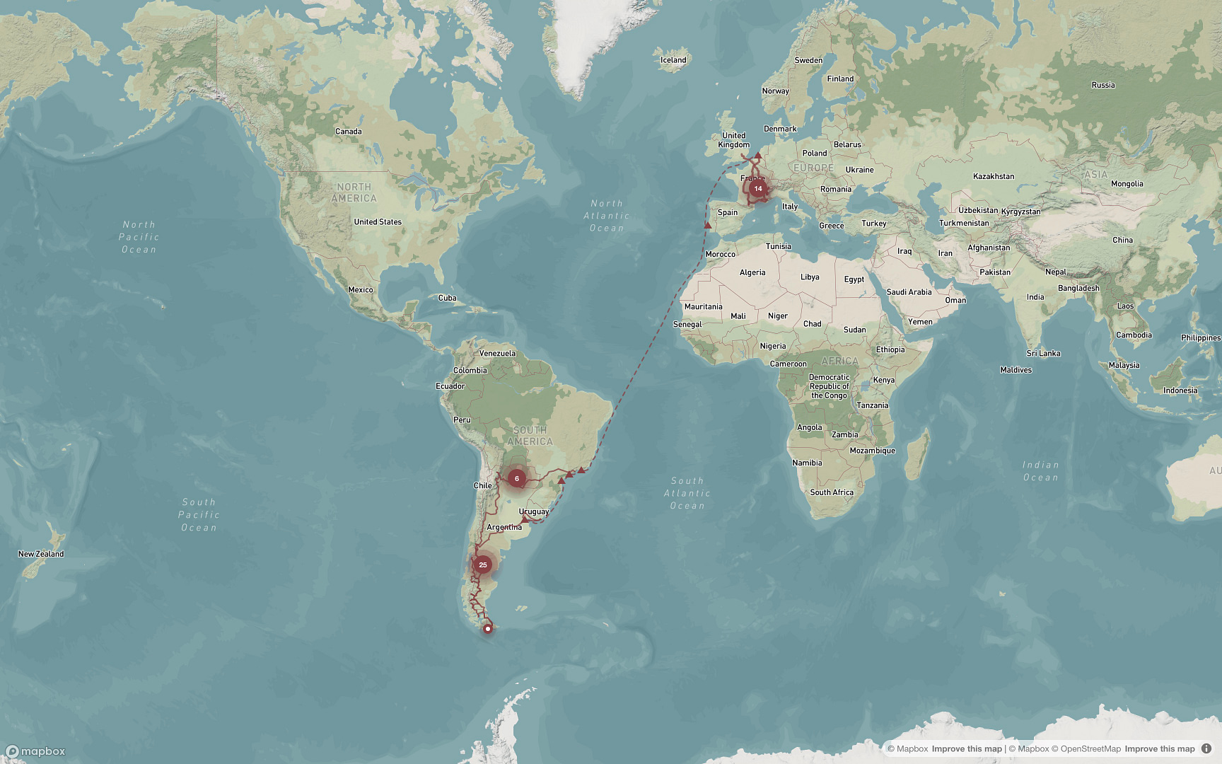 A map showing our route in Europe, the shipping route as well as our rout in South America