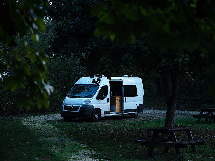 Our Campervan, nicknamed "The Bear" parked in a meadow in France